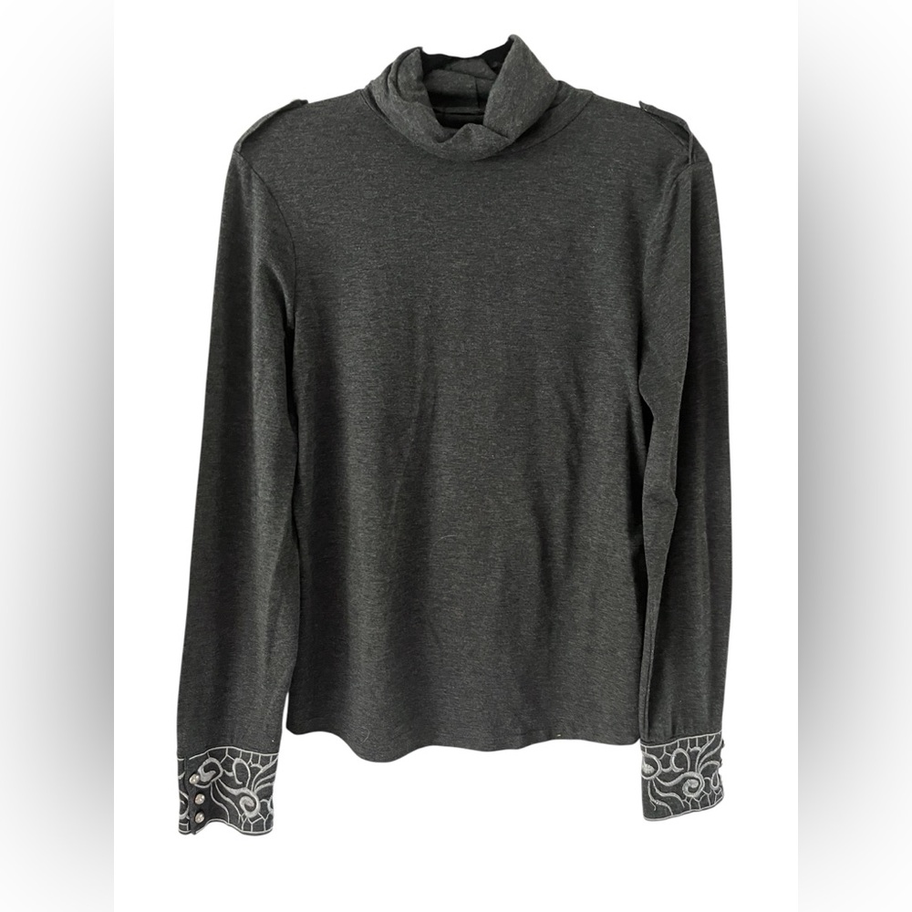Statement Silver Grey Turtleneck with Epaulettes & Embroidery